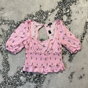 ARFM Los Angeles Shirt Womens Size Haley Floral Crop Top Smocked Delicate Ruffle